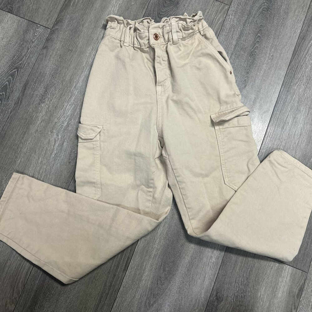 Zara Jeans Womens 4 Paper Bag Khaki Baggy Tapered Mom Cinched Waist Ankle Crop